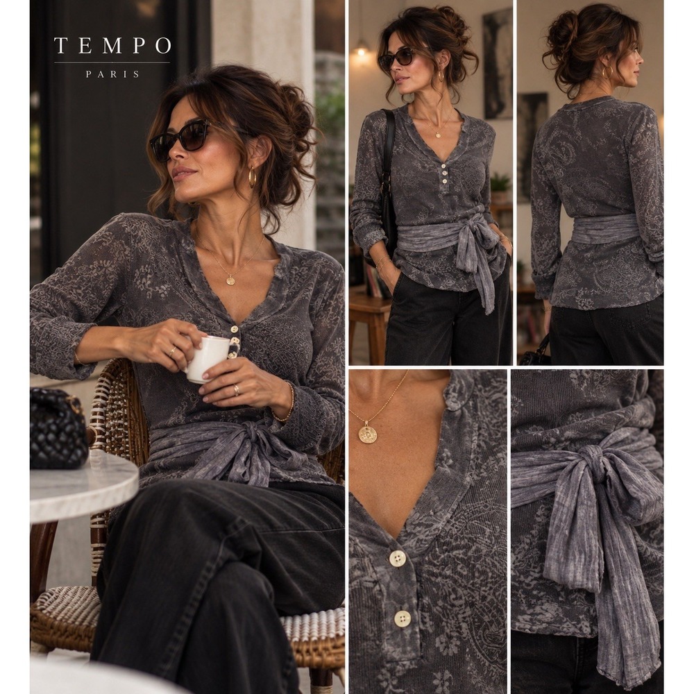 Tempo Paris Women's Gray Paisley Knit V-Neck Shirt Blouse + Sash XL